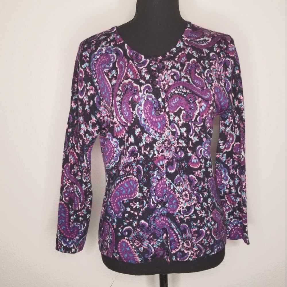 Garnet Hill 100% merino wool cardigan sweater jewel tones Paisley M